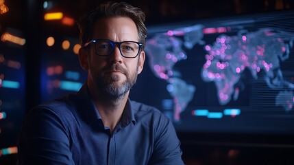 A glowing global map with layered holographic charts and data streams, dynamic floating graphs, vibrant electric blue and purple hues, intricate digital overlays, and a sleek dark cyber backdrop,