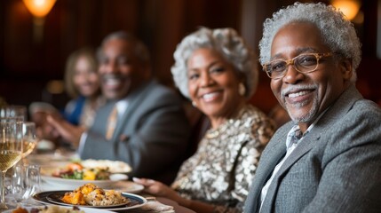 A group of people are sitting at a table with food and wine