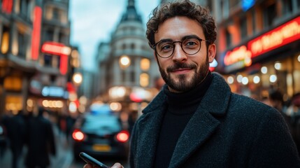 Fototapeta premium Smiling man in a busy urban street at dusk.