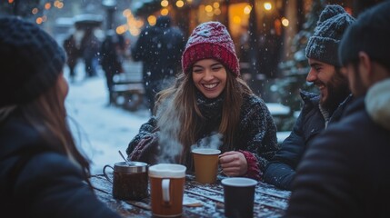 A group of people are sitting around a table with cups of hot chocolate