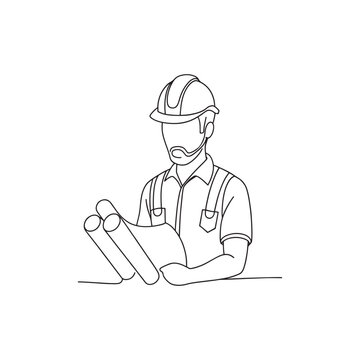 recommend clip art: Cunstruction worker with blue print paper Hand drawn Continuous line art flat vector illustration on white background