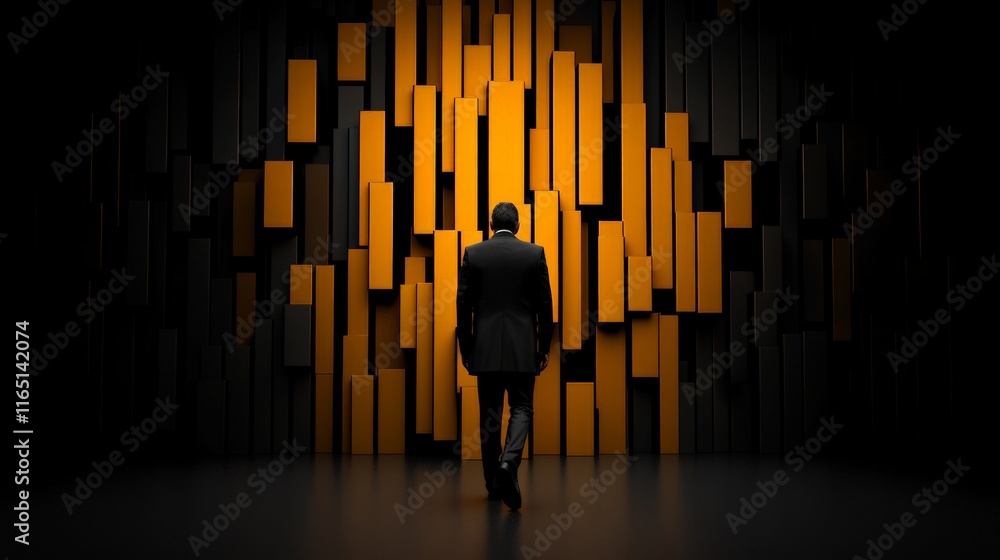Aufkleber the path less traveled: a lone figure strides through a labyrinth of abstract shapes, illuminated by