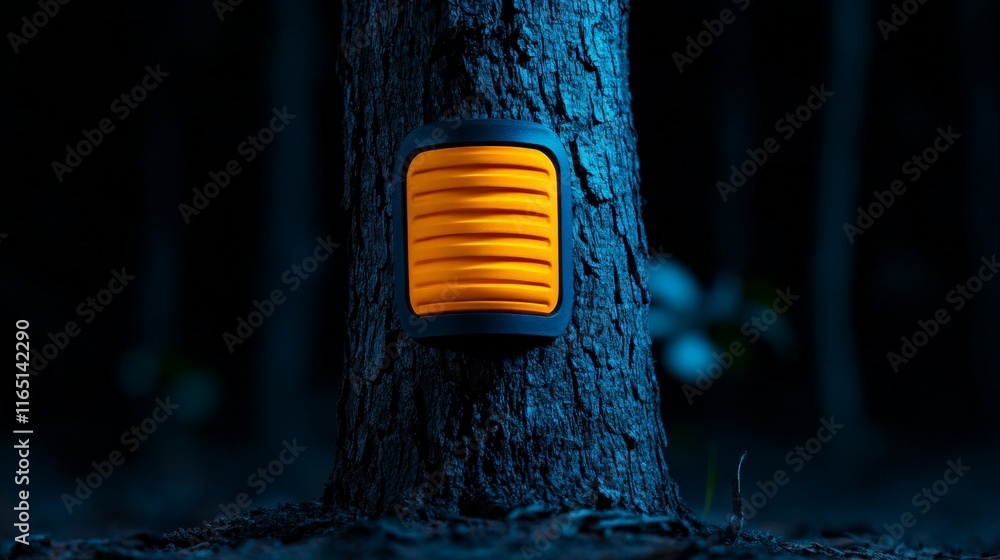 Poster luminous beacon in the forest: a bright, orange, glowing light emanating from a device attached to a