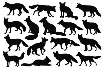 Fox silhouettes set isolated flat vector illustration on white background.