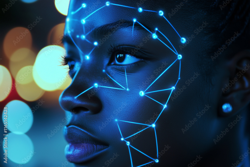 Poster woman's face is projected onto a screen with a blue background. the lines on her face are connected,