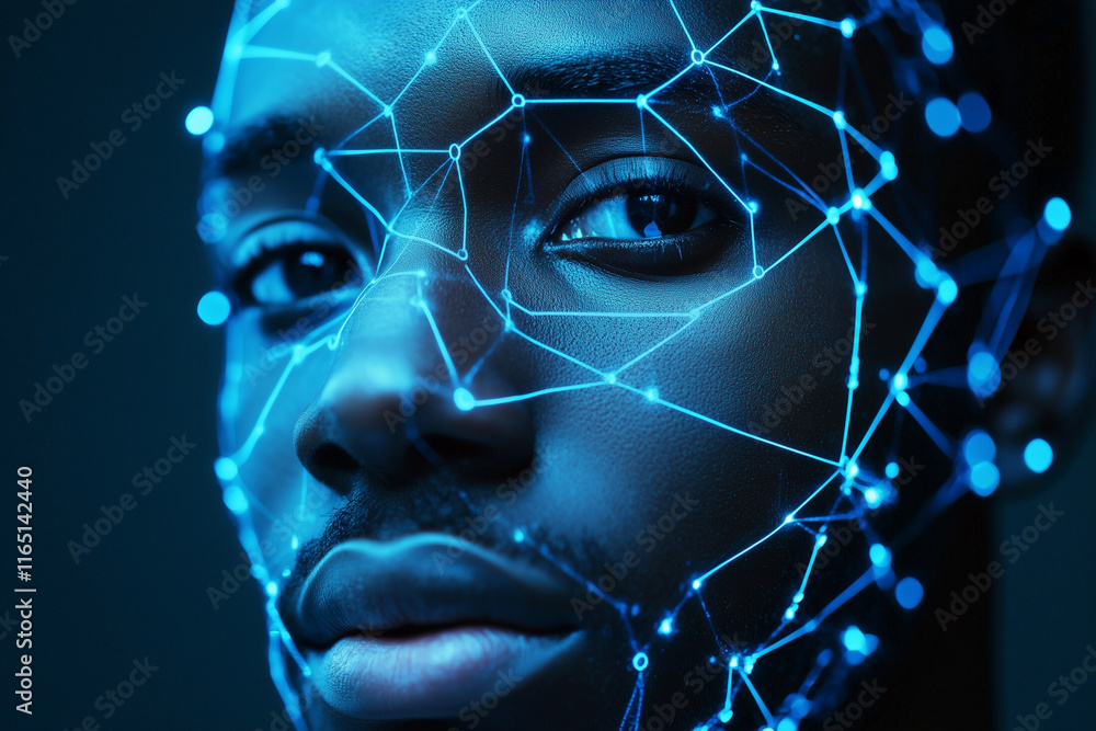 Poster man's face is shown in a blue light with a pattern of lines and dots. the image conveys a futuristic