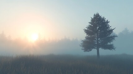 Fototapeta premium A tranquil dawn setting with the first light of day casting the shadow of a pine tree on a misty field 