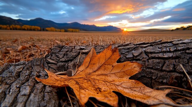 Autumn Sunset Serenade: A single, sun-kissed autumn leaf rests on a weathered log, with a breathtaking sunset over a mountain range in the background.