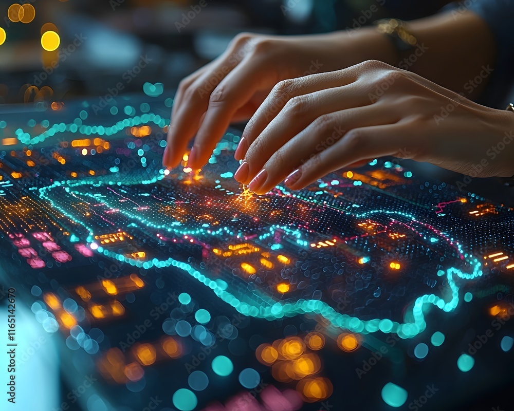 Poster hands tapping on futuristic holographic graph with floating data points interactive concept