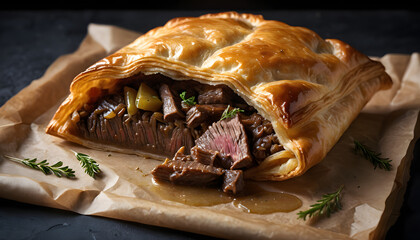 Puff pastry steak pie on baking paper on black stone background