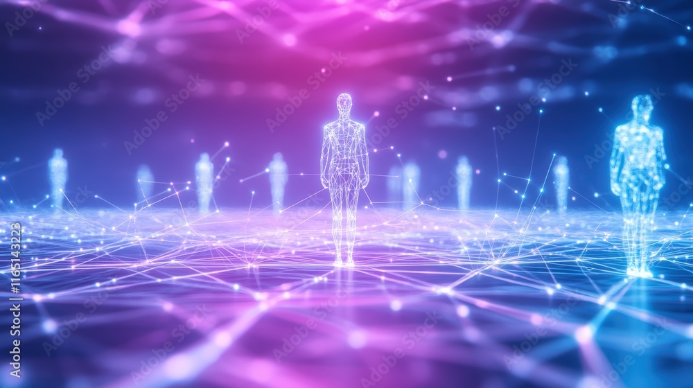 Poster digital human network: a mesmerizing digital rendering of interconnected human figures in a vibrant,