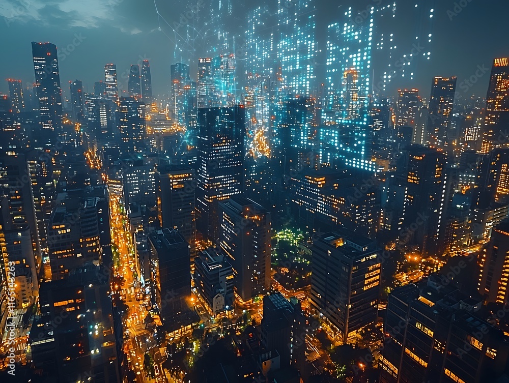 Aufkleber futuristic urban skyline with projected data graph at night showcasing technology and analytics