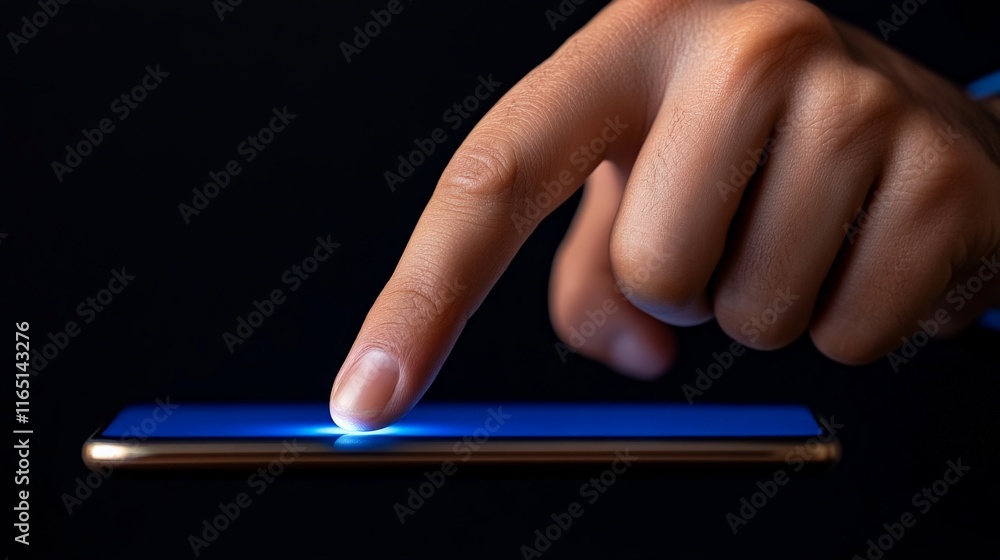 Poster fingertip interaction: a close-up shot of a finger pressing on a smartphone screen, illuminating the