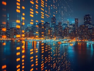 Futuristic City Skyline at Night with Digital Graph Overlay Concept Depicting Urban Data and Technology