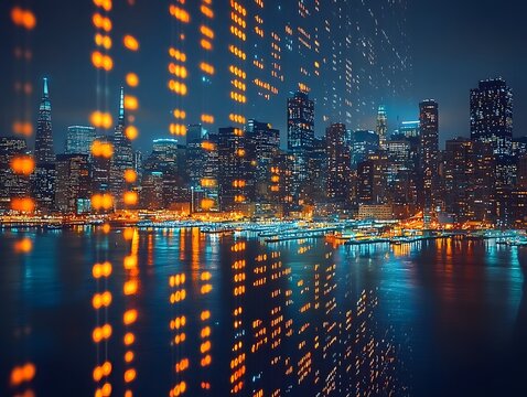 Futuristic City Skyline at Night with Digital Graph Overlay Concept Depicting Urban Data and Technology