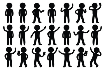  Stick figure man icon, silhouettes set isolated flat vector illustration on white background.