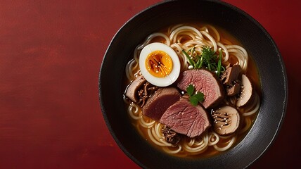 ramen noodle soup with chicken shiitake mushroms and egg in a bowl