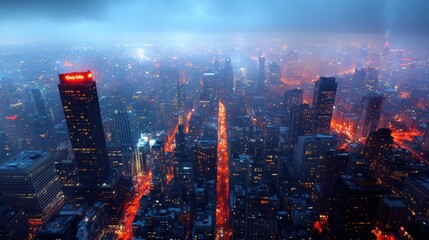 Fototapeta premium Aerial view of a city at night, showing illuminated skyscrapers, streets, and buildings under a dramatic sky.