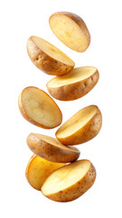 Fototapeta premium flying potato slices isolated on transparent white background, clipping path