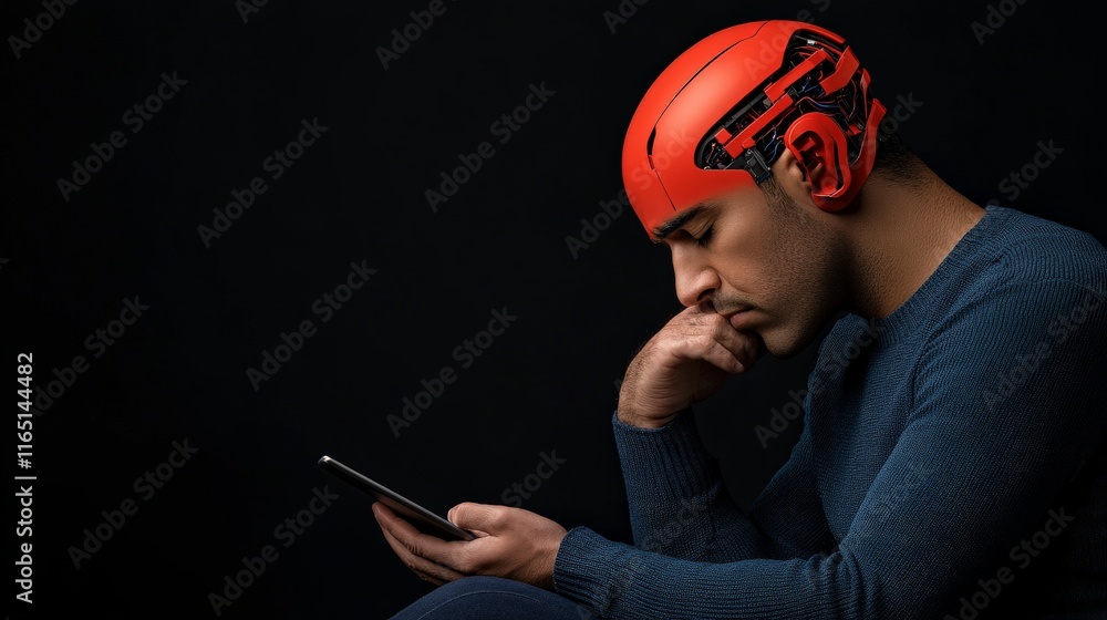 Poster man in red helmet using smartphone