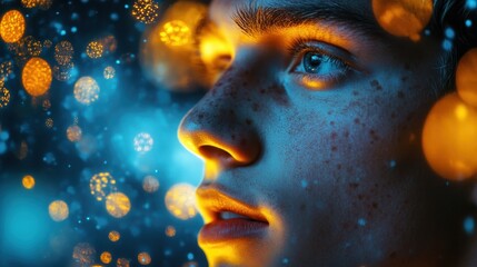Dreamy Portrait of a Young Person Surrounded by Vibrant Bokeh Lights in a Magical Atmosphere