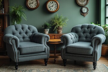 Elegant gray linen armchairs with buttons and nailhead trim, soft lighting, vintage wall clocks, wooden coffee table, comfortable seating in classic room setting