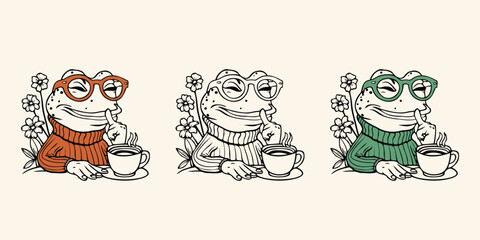Cute frog drinking tea and  animal cartoon concept can used for mascot t shirt
