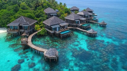 Obraz premium Aerial view of luxury overwater bungalows in tropical waters.