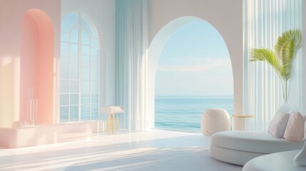 Serene Coastal Living Room: Minimalist Design with Ocean View