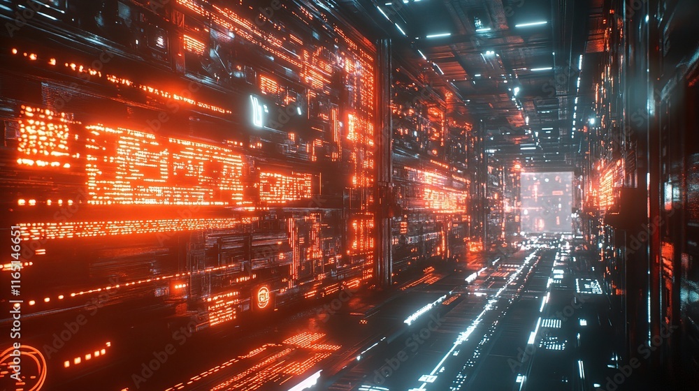 Poster abstract view of connected machines in futuristic factory environment