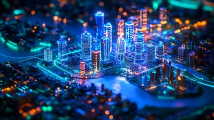 A stylized digital map featuring bright neon light streams illustrating global data flow, luminous nodes marking major cities, layered holographic overlays, and vibrant blue-green accents,