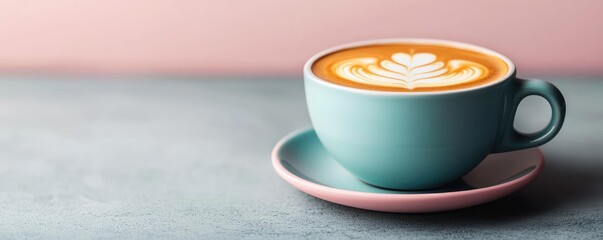Pastel coffee idea. A stylish latte in a turquoise cup on a grey table with a pink background.