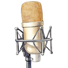 Watercolor illustration of a vintage condenser microphone on a stand, isolated on white background.