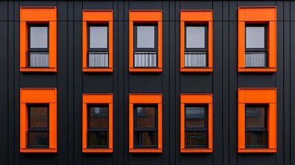 Obraz premium Architectural Symmetry: Orange Windows on Dark Facade 