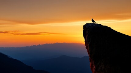 Sunrise Solitude: Majestic mountain vista at dawn, with a lone bird perched on a cliff edge, conveying serenity and the vastness of nature.