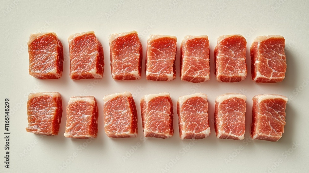 Poster slices of meat arranged neatly on a surface.