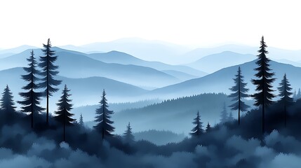 Serene Blue Mountainscape with Silhouetted Pine Trees