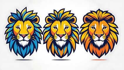 Three vector illustrations of a lion's face, each with a unique design and vibrant colors like orange, gold, and red, creating bold and striking contrasts. The lion faces are drawn in geometric, clean