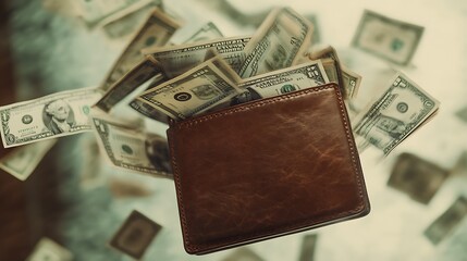 Money flying from wallet indoor setting visual content dynamic environment close-up view financial concept