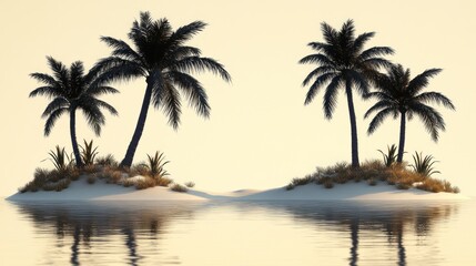 Two tropical islands with palm trees at sunset.