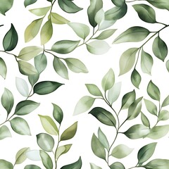 Seamless Watercolor Pattern of Delicate Green Leaves on White Background.