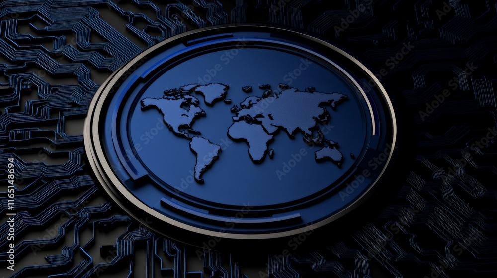 Poster global network: a stylized world map emblem, rendered in sleek 3d, sits atop a complex network of in