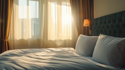 Sunlit Bedroom Serenity: A Peaceful Morning in a Luxurious Hotel Room