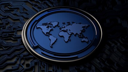Global Network: A stylized world map emblem, rendered in sleek 3D, sits atop a complex network of interconnected circuits, evoking a sense of interconnectedness and global reach. 