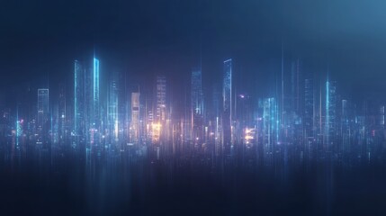 Fototapeta premium Futuristic cityscape with neon lights and skyscrapers in a blue haze