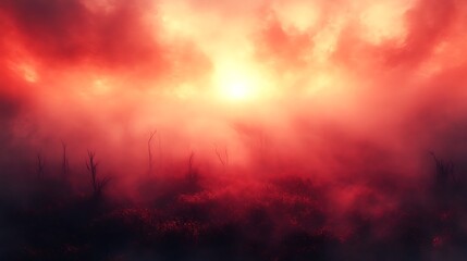 Fototapeta premium Crimson Sunset Over Foggy Marshland With Bare Trees