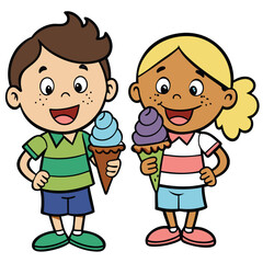 Two kids eating ice cream cones with smiles and happiness isolated on white background