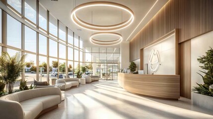 Modern, bright medical clinic reception area with sunlight streaming through large windows, wooden accents, and comfortable seating.