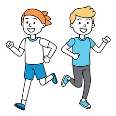 Two friends jogging in casual athletic wear with cheerful expressions isolated on white background