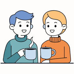 Two friends chatting over coffee cups in a cozy atmosphere isolated on white background